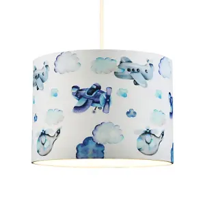 Blue Watercolour Planes and Helicopters Cotton Fabric Shade with Fluffy Clouds