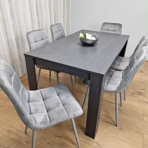 Dining Table and 6 Chairs  Black Dark Grey 6 Grey Velvet Chairs Wood Dining Set Furniture