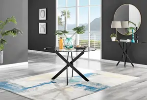 Furniturebox UK Novara Black Leg 120cm Round Glass Dining Table & 4 Grey Velvet Milan Chairs