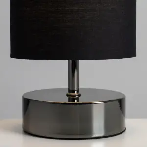 ValueLights Malin Pair of Modern Black Chrome Touch Dimmer Bedside Table Lamps with Black Light Shades