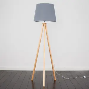 ValueLights Barbro Modern Light Wood Tripod Design Floor Lamp with Grey Tapered Shade - Includes 6w LED GLS Bulb 3000K Warm White