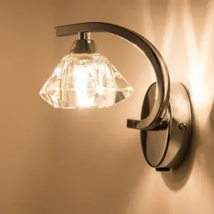 Single Left Curved Wall Light and Sconce, Clear Glass Shade, Polished Chrome Finish