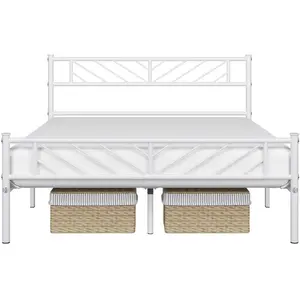 Minimalist Metal Slatted Bed Platform with Arrow Design Headboard White / Double (4'6)