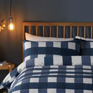 Seersucker Gingham Check Navy Brushed Duvet Cover Set