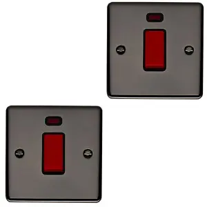 2 PACK 1 Gang Single 45A Cooker Switch Neon - BLACK NICKEL & BLACK Rocker DP