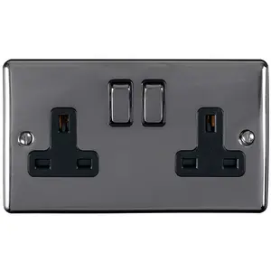 2 PACK 2 Gang Double UK Plug Socket BLACK NICKEL 13A Switched Power Outlet