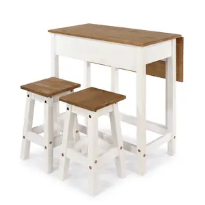 Corona breakfast drop leaf table & 2 stools set, white waxed pine