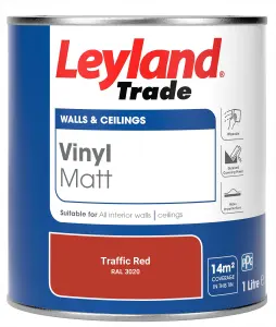 Leyland Trade Vinyl Matt Walls & Ceilings Emulsion Paint Traffic Red (RAL 3020) 1L