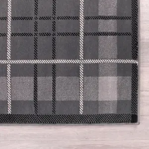 Tartan Grey Chequered Tartan Easy to Clean Rug For Dining Room-80cm X 300cm