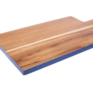 Interiors by Premier Blue Edge Rectangular Chopping Board, Natural Wood Chopping Board with Tapered Handle, Wood Chop Board