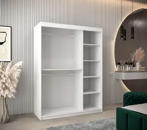 Elypse Contemporary 2 Mirrored Sliding Door Wardrobe 5 Shelves 2 Rails White (H)2000mm (W)1500mm (D)620mm