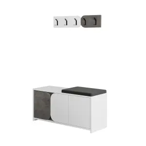 Decortie Modern Moni Shoe Cabinet White-Retro Grey 3-Door Storage Cabinet with 5-Hook Organiser Set Fabric Seat