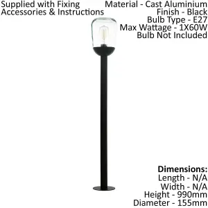 2 PACK IP44 Outdoor Bollard Light Black Aluminium & Glass 60W E27 Lamp Post