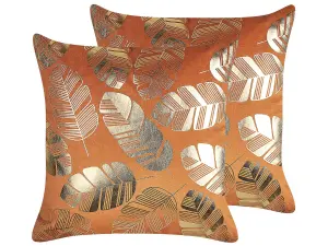 Set of 2 Cushions SUNFLOWER Velvet 45 x 45 cm Plant Orange