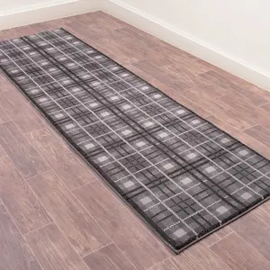 Tartan Grey Chequered Tartan Easy to Clean Rug For Dining Room-120cm X 170cm