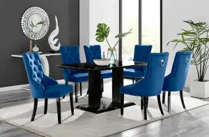 Imperia Black High Gloss 6 Seater Dining Table with Structural 2 Plinth Column Legs 6 Blue Velvet Black Leg Belgravia Chairs