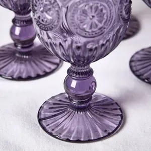 Set of 6 Vintage Luxury Purple Embossed Drinking Wine Glass Wine Goblets 290ml