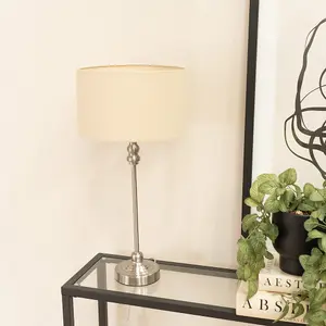 ValueLights Maggie Brushed Chrome Candlestick Slim Table Lamp with Natural Fabric Drum Lamp Shade