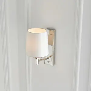 Bright Nickel Indoor Wall Light Fitting & Vintage White Fabric Shade Dimmable