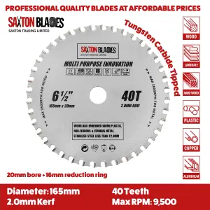 Saxton TCT16540TMPT TCT Multi Purpose Innovation Circular Saw Blade 165mm x 40 Teeth x 20mm Bore & 16mm Ring