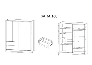 Sara Mirrored Wardrobe 180cm with Drawers in White and Oak Sonoma