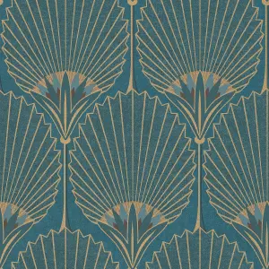 Grandeco Art Deco Nile Palm Textured Wallpaper, Blue Gold