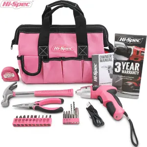 Hi-Spec Pink 20pc Home DIY Tool Kit. Complete Household Hand Tools. All Essential Repairs in a Bag