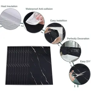 Sleek Black Marble Waterproof Adhesive Tile Stickers, Set of 10 (60cm x 30cm) for Living room,Bathroom & Kitchen Decor