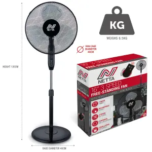 16 Inch Pedestal Fan With Remote Control Timer - Black