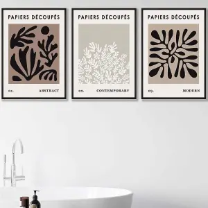 Set of 3 Matisse Style Floral Cut Out Brown & Black Wall Art Prints / 50x70cm / Black Frame