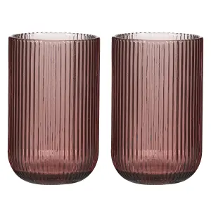 Set of 2 Vintage Luxury Pink Ribbed Tall Drinking Glass Whisky Glass Tumbers 420ml