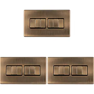 3 PACK 6 Gang Multi Light Switch SCREWLESS ANTIQUE BRASS 2 Way 10A Slim Rocker