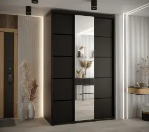 Modern Black Mirrored Cannes V Sliding Wardrobe H2050mm W1500mm D600mm with Custom Black Steel Handles