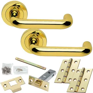 Door Handle & Latch Pack - Polished Brass - Curved Round Bar Lever On Round Rose