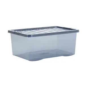 Wham Crystal 5x 45L Plastic Storage Boxes with Lids. Medium Size, Strong. Made in the UK Tint Smoke