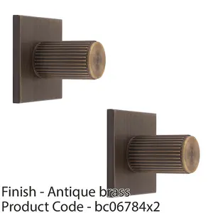 2 PACK - Reeded Cylinder Cabinet Door Knob & Matching Backplate Antique Brass 40 x 40mm