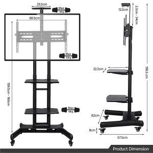 Yaheetech Black Adjustable Mobile TV Stand with Wheels and 3-tier Shelves