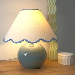 ValueLights Bosco Eucalyptus Ceramic Table Lamp with Blue Trim Scallop Shade - LED Bulb Included