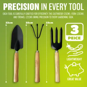 3pc Wood Wooden Gardening Garden Hand Tool Set Cultivator Fork Trowel Shovel Kit