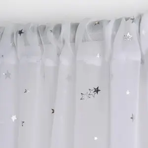 Pair Of Voile Curtains Slot Top Metallic Star 2 Panels Net Kids Bedroom Nursery