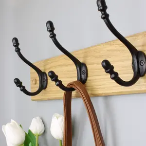 Oakcrafts - Handcrafted Solid Oak Coat Rack with Cast Iron Satin Black Hooks 750mm - 5 Hooks