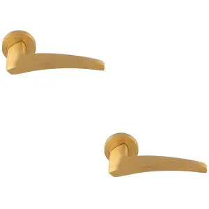 2 PACK - Premium Elegant Curve Door Handle Set - Satin Brass Bar Lever on Round Rose