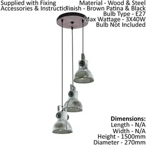 Hanging Ceiling Pendant Light Black & Raw Steel 3x 40W E27 Industrial Feature