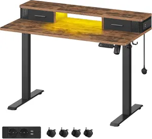 VASAGLE Electric Standing Desk with Built-In Power Strip, Adjustable Height, Monitor Stand, Memory Function, Rustic Brown