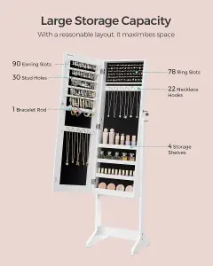 SONGMICS Full-Length Mirror Jewellery Cabinet, Standing Armoire with Lockable Storage, White Surface and Black Lining