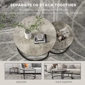 HOMCOM 2 Pcs Stacking Coffee Table Set Steel Frame Cement-Effect Top Foot Pads