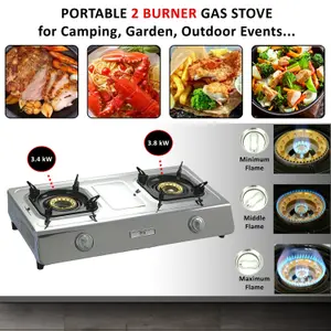 NJ NGB-200 Portable Gas Stove 2 Burner LPG Outdoor Cooktop Stainless Steel 7.2kW