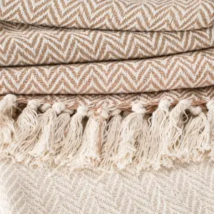 EHC PAIR Pack Chevron Cotton Throws for Sofa Settees Chair Cover Blanket, 127 x 152cm  ( Pack of 2 ) - Ivory / Tan