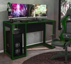 Ryker Gaming Desk Computer Table Workstation, Black With Green Trim