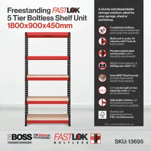 RB BOSS Garage Shelving Units FastLok 5 Shelf MDF Red & Black Powder Coated Steel (H)1800mm (W)900mm (D)450mm